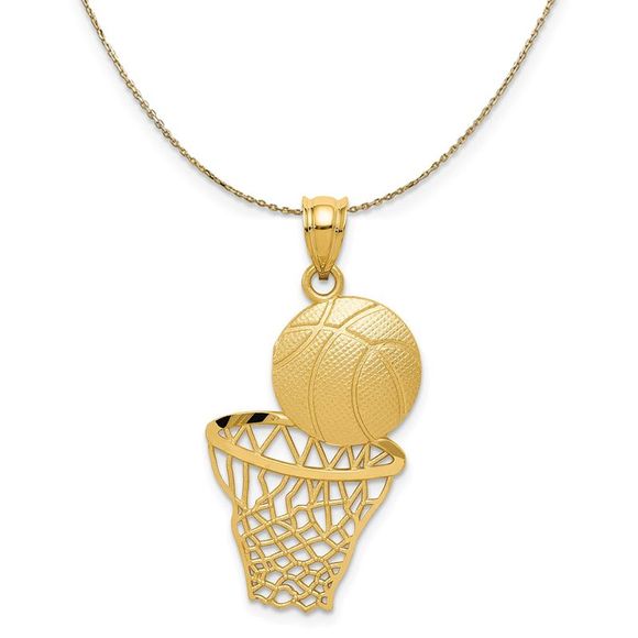 14k Yellow Gold Diamond Cut Basketball and Net Necklace -...